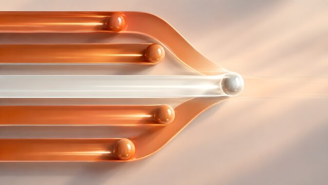 Multiple spheres rolling on parallel orange tracks merging into a single glowing white path. Concept of business consolidation, workflow integration, and team synergy.