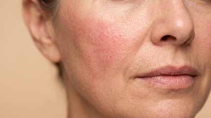 Fototapeta premium Close-up of facial cheek with prominent erythema and enlarged pores typical of erythematotelangiectatic rosacea
