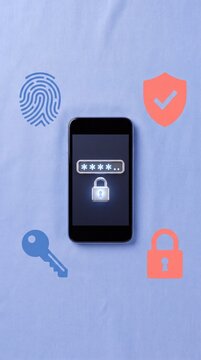 Smartphone security concept with password lock, fingerprint, and shield icons