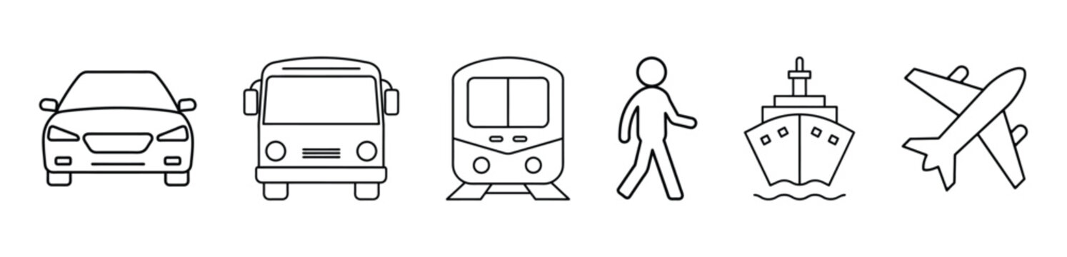 Transport line icons set. Car, Bus, Train, Ship, Plane and on foot. Public, travel and delivery transport icons. Eps10 vector.