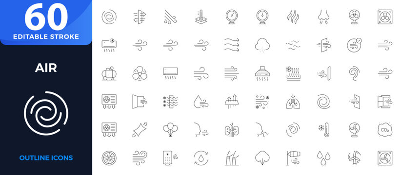 Air and weather line icon set featuring breeze, air flow forecast, cloud, and gust symbols; vector outline graphic elements for climate web app ui ux design. Editable stroke outline icon.

