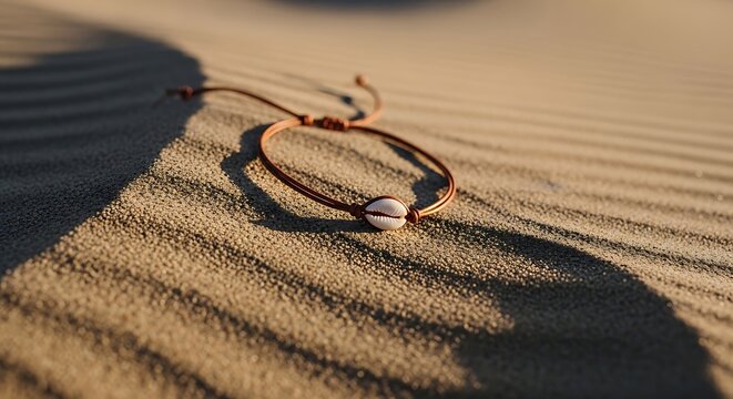 Close up of a handmade string bracelet with a cowrie shell resting on warm sand under soft sunset light