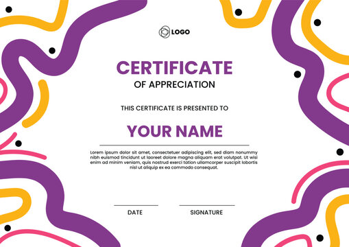 Abstract Curved Line Certificate Template with Purple Decorative Border