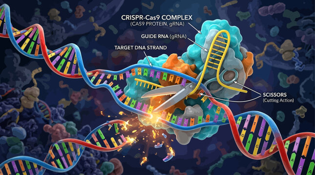 Detailed scientific vector illustration showing the molecular mechanism of CRISPR-Cas9 genome editing technology for precise gene modification