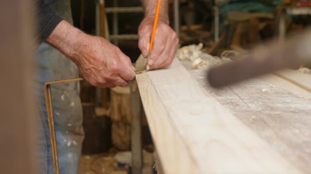 Carpenter marking bevel edge on plank