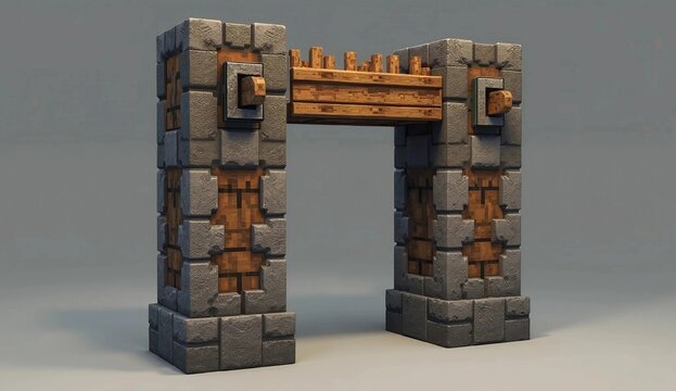 3D Voxel Block Stone and Wooden Archway Gate Structure Asset