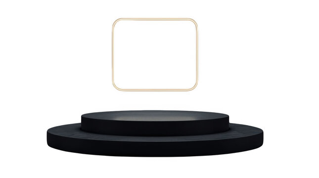 Minimalist black circular platform with a centered empty square placeholder for branding or text overlay.