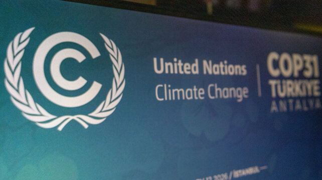 United Nations climate change emblem with COP31 Turkiye Antalya conference text.