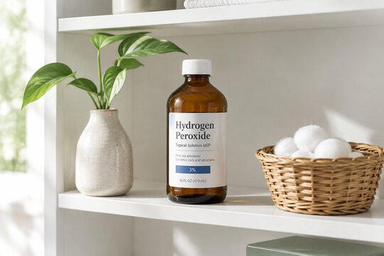 Amber glass hydrogen peroxide bottle with wicker basket and cotton balls on white shelf, home care and pharmacy concept