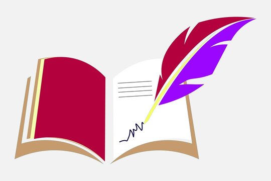 Open book with feather quill writing isolated on white background