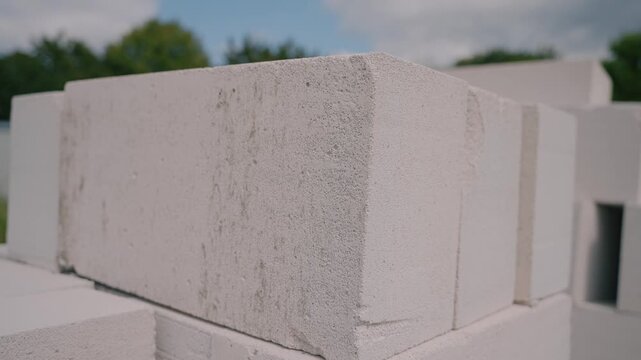 Close-up of a white aerated concrete building block on a construction site, highlighting lightweight masonry materials, insulation and modern building technology.