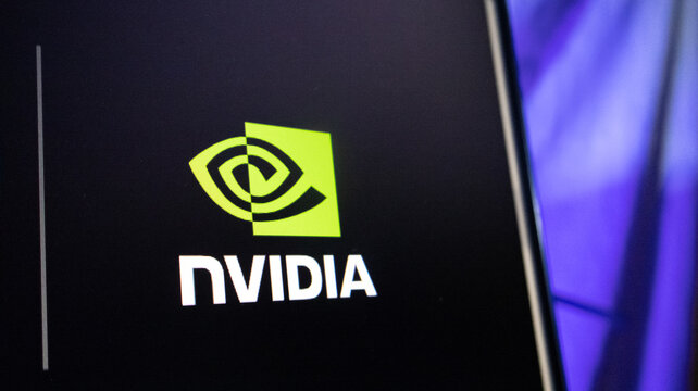 Nvidia logo displayed on dark digital screen highlighting graphic processing unit technology.