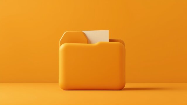 Orange folder with paper sticking out. Minimalist studio shot, monochromatic color scheme, simple composition. Clean design.