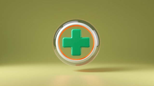 Green plus symbol inside circular frame. Glossy surface reflects light, creating subtle shadow. Minimalist design, medical concept.