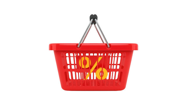 Red shopping basket filled with citrus fruits symbolizing fresh produce and a sale offer with a percentage discount tag.