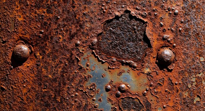 Close-up texture of heavily rusted metal surface with rivets, showing corrosion and peeling paint with a rough, oxidized patina