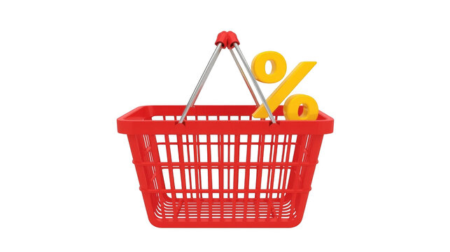Red shopping basket with a percentage discount symbol and a red price tag indicating a sale promotion.