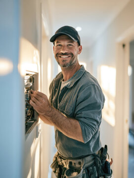 Happy professional electrician working on electrical panel installation inside modern house holding tools smiling looking at camera, reliable home maintenance technician fixing power equipment system