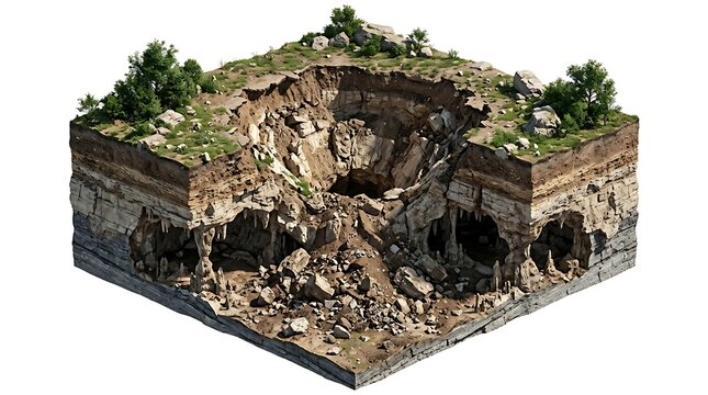 Isometric cutaway view of a geological sinkhole with underground cave system isolated on white background