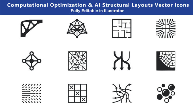 Computational generative design structural optimization icon set for algorithmic artificial intelligence architecture and engineering layout