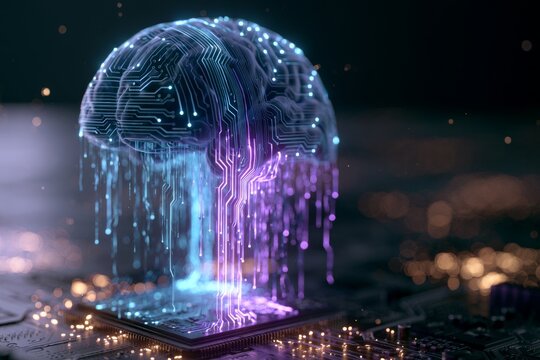 Digital neural network floating above circuit board representing advanced artificial intelligence technology concept with integrated electronic circuit