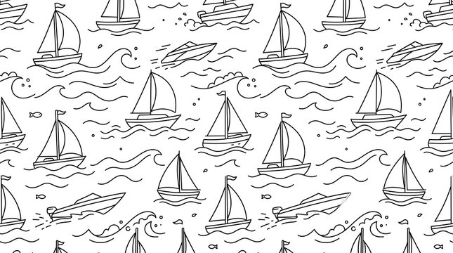 Nautical sailboat seamless pattern, hand drawn boat line art on white background, minimalist maritime wallpaper for fabric and wrapping