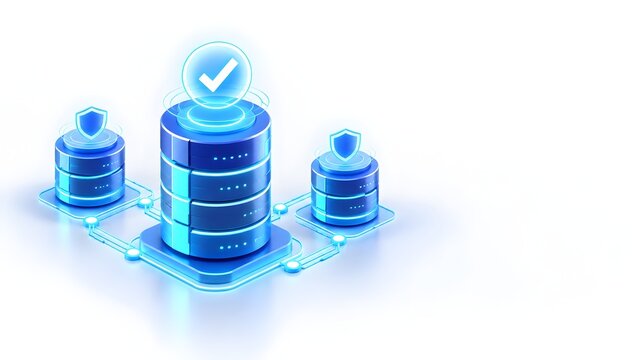 Isometric secure database server network cluster with verification checkmark and protection shields on white background