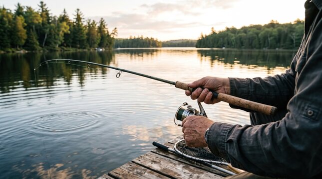 Fishing Man Casting Line in Serene Lake at Sunset