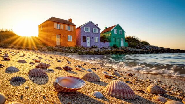 Vibrant seaside cottages stand along sandy beach, with sunlit shells scattered on the ground and gentle waves lapping at the shore