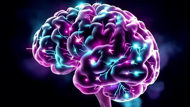 Colorful digital brain illustration with glowing neural connections, showcasing progressive views from different angles against a dark background