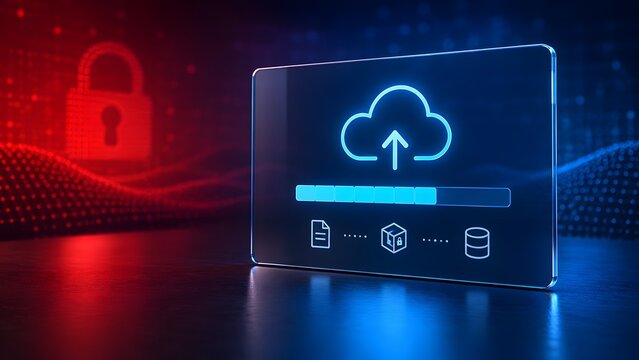 Secure cloud data migration interface with progress bar and encrypted network protection padlock