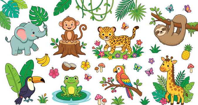 Cute Tropical Jungle Animal Collection with Adorable Elephant, Monkey, Leopard, Sloth, Toucan, Frog, Parrot, Giraffe, and Exotic Botanical Elements
