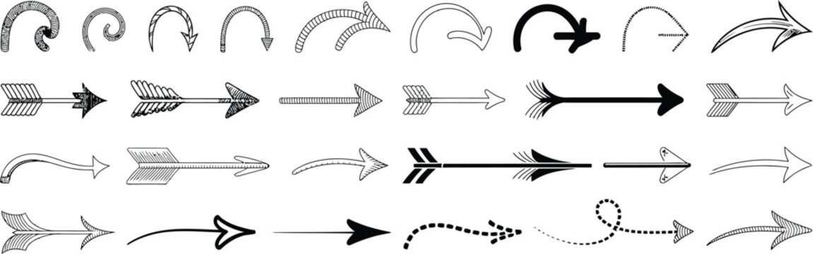 Arrows, dashed pointer symbols featuring stippled lines, arch shapes, movement paths, flow indicators, navigation marks, and guidance symbols
