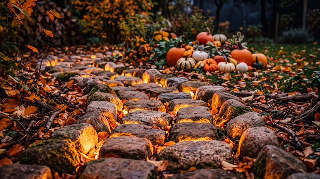 A glowing stone pathway lined with fallen autumn leaves and colorful pumpkins creates a warm seasonal atmosphere for holiday events, home decor displays, and festive outdoor event projects.