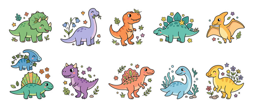 Cute cartoon dinosaurs collection isolated on transparent background