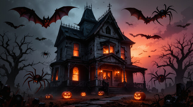A haunted house with bats and spiders. Halloween background
