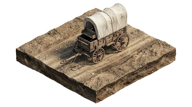 Isolated Covered Wagon on a Square Section of Dirt Road Representing Western Pioneer Expansion Travel
