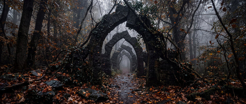 Ancient stone arches form a pathway through a misty dark forest during autumn, creating a mysterious atmosphere for travel, fantasy literature, or moody editorial backgrounds for print designs.