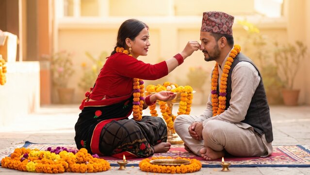 Bhai Tika Ceremony &ndash; Nepali Sister Applying Seven-Colour Tika to Brother.
