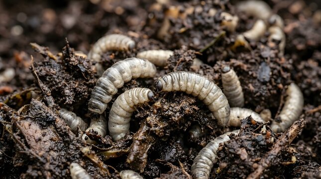 Extreme Macro Close Up of White Grub Larvae Decomposing Rich Organic Soil Substrate