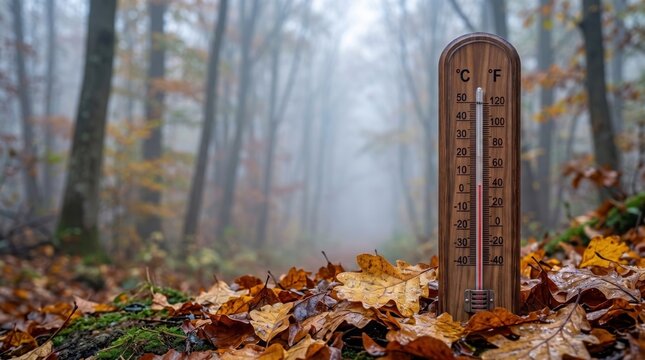 Outdoor thermometer standing among fallen autumn leaves in a misty forest, showing cold temperatures and illustrating seasonal cooling and the transition toward winter