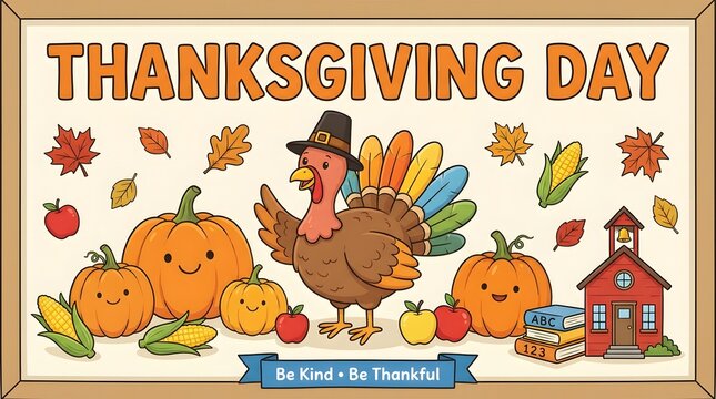 Festive thanksgiving day template with turkey pumpkins autumn leaves and harvest elements in cartoon style