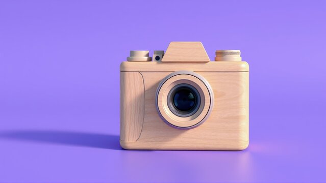 Wooden camera sits upon purple surface. Minimalist design, soft lighting creates simple studio shot. Clean aesthetic.