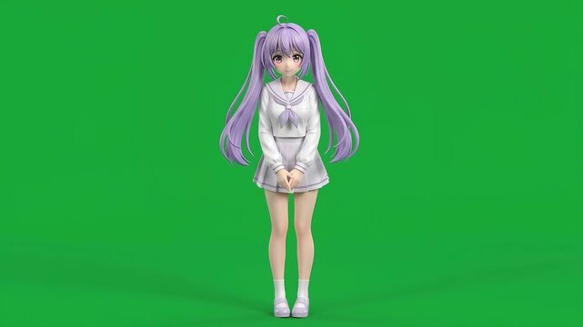 Anime Girl Bowing Animation Collectible Figure, Cute Blender 3D Character on Green Screen