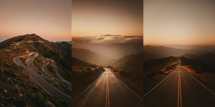 Three panel collage of winding mountain roads at sunset with golden hour light and hazy peaks