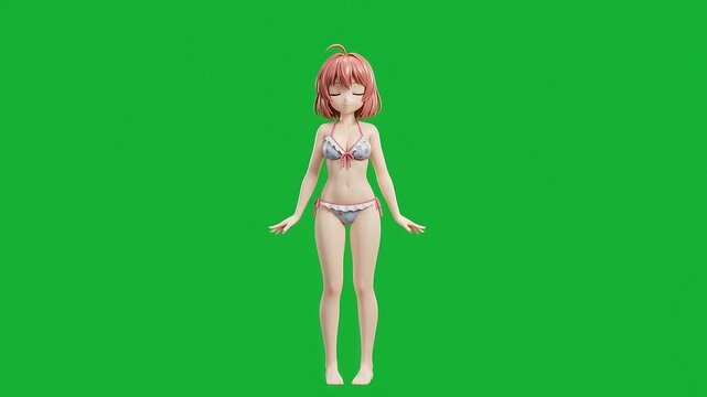 Anime women Cute Stretch Animation Collectible Figure, Blender 3D Character on Green Screen