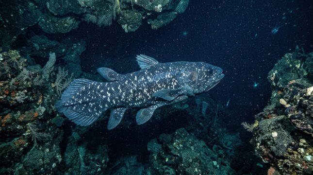 rare coelacanth fish swimming gracefully inside deep ocean waters background