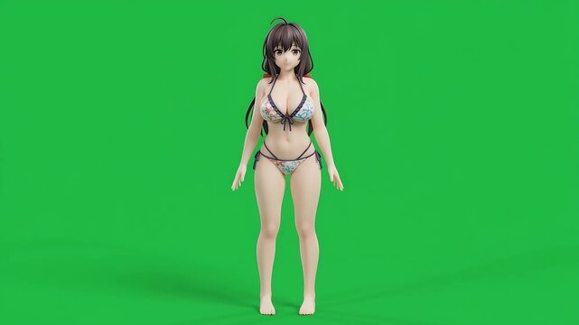 Anime Girl Cute Stretch Animation Collectible Figure, Blender 3D Character on Green Screen