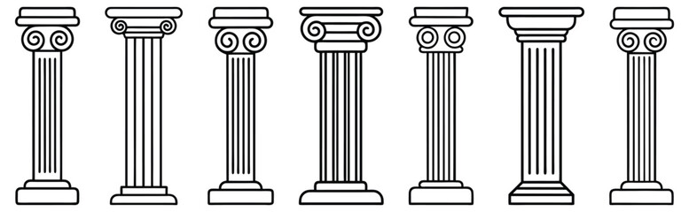 Line Greek pillars and Roman columns, ancient architecture and antique buildings, vector icons. Greece or Rome architecture column pillars of marble stone in line art with pilasters and ornate cornice © ABC