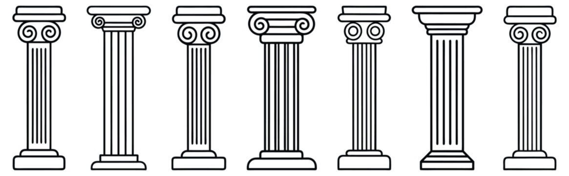 Line Greek pillars and Roman columns, ancient architecture and antique buildings, vector icons. Greece or Rome architecture column pillars of marble stone in line art with pilasters and ornate cornice
